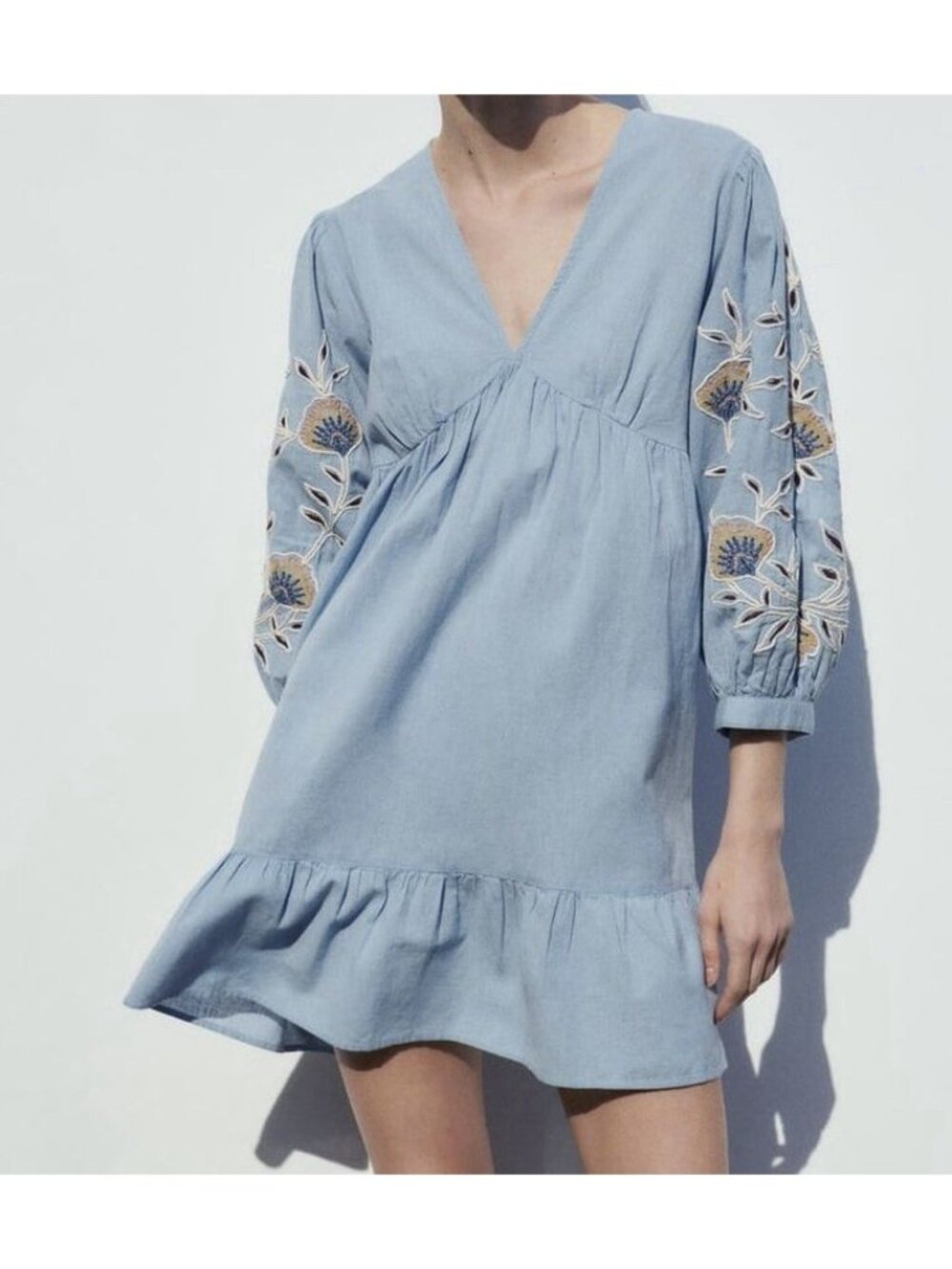 Zara Floral Embroidered Cotton Linen  Dress  Women’s Size S